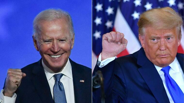 TOPSHOT - (COMBO) This combination of pictures created on November 04, 2020 shows Democratic presidential nominee Joe Biden (L) in Wilmington, Delaware, and US President Donald Trump (R) in Washington, DC both pumping their fist during an election night speech early November 4, 2020. - President Donald Trump and Democratic challenger Joe Biden are battling it out for the White House, with polls closed across the United States -- and the American people waiting for results in key battlegrounds still up for grabs, one day after the US presidential election November 03. (Photos by ANGELA WEISS and MANDEL NGAN / AFP) (Photo by ANGELA WEISS,MANDEL NGAN/AFP via Getty Images)