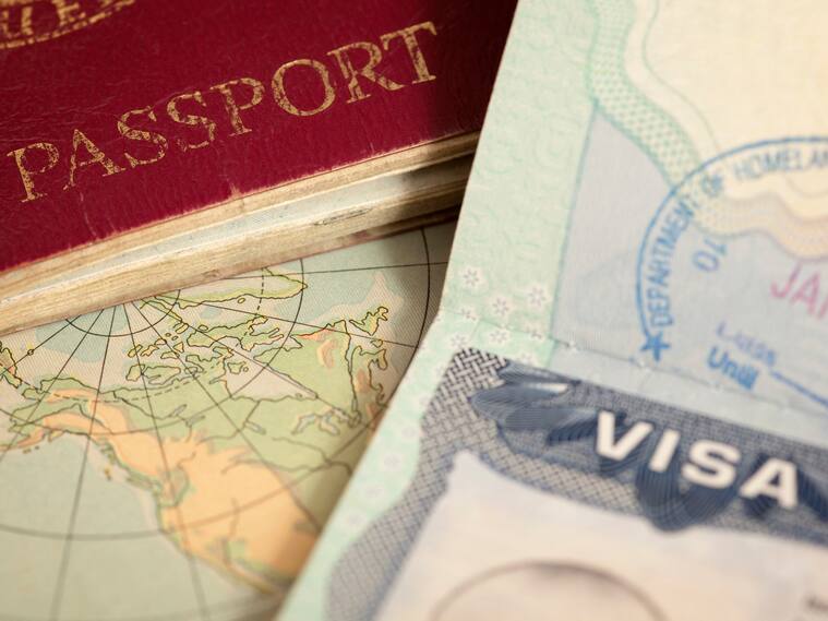 "US visa, vintage map and passport background"