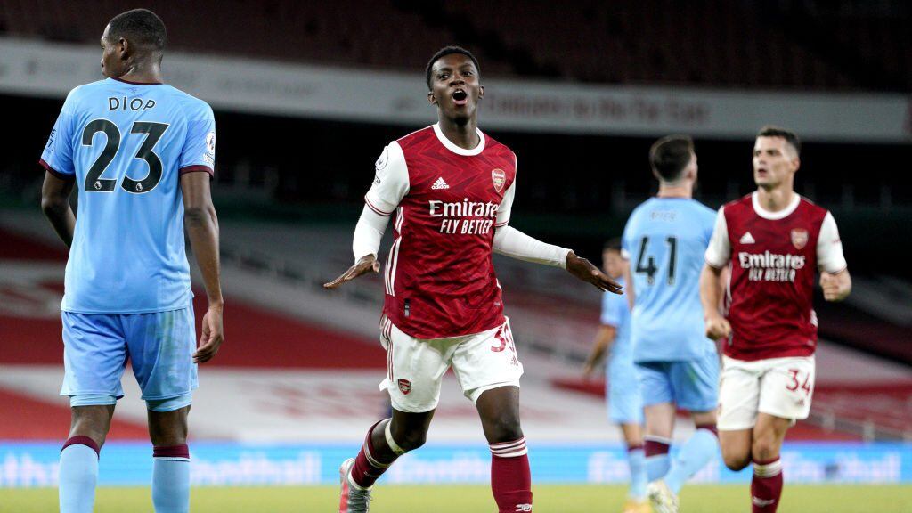 Arsenal's Eddie Nketiah (centre) celebrates scoring his side's second goal of the game during the Premier League match at the Emirates Stadium, London. (Photo by Will Oliver/PA Images via Getty Images)