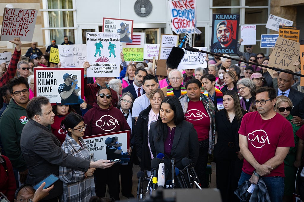 GREENBELT, MD - APRIL 15:Rina Gandhi, lawyer in the case Kilmar Abrego García's release, speaks to press outside the U.S. District Court for the District of Maryland on April 15, 2025 in Greenbelt, MD. Garcia's wife Jennifer Vasquez Sura stands to Gandhi's side (right). Kilmar Abrego García was wrongfully deported to El Salvadorian prison, and despite the Supreme Court's ruling that he must be returned to the United States, President Donald Trump is refusing to do so.
(Maansi Srivastava/ For The Washington Post via Getty Images)