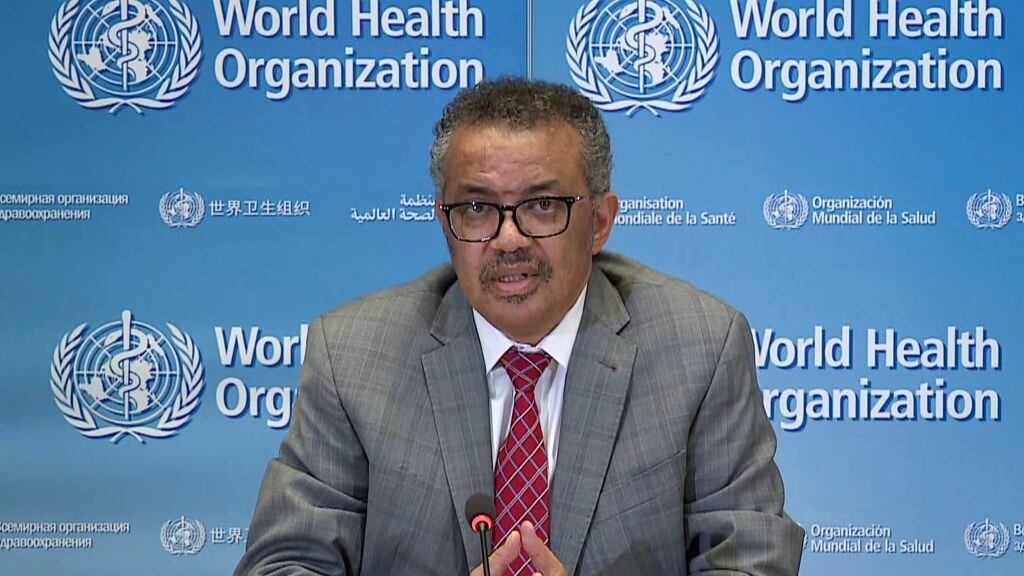 A TV grab taken from the World Health Organization website shows WHO Chief Tedros Adhanom Ghebreyesus via video link as he delivers a news briefing on COVID-19 (novel coronavirus) from the WHO headquarters in Geneva on March 30, 2020. - More than 35,000 people have died worldwide from the coronavirus pandemic since it emerged late last year in China, most of them in Europe, according to an AFP tally at 1615 GMT on March 30, 2020, using official figures. (Photo by - / AFP) (Photo by -/AFP via Getty Images)