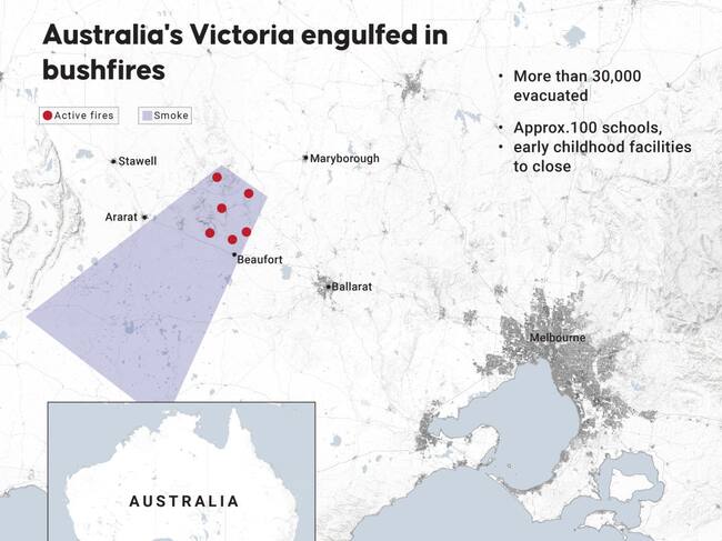 Infografía de los incendios forestales que consumen amplias zonas del estado de Victoria en Australia.