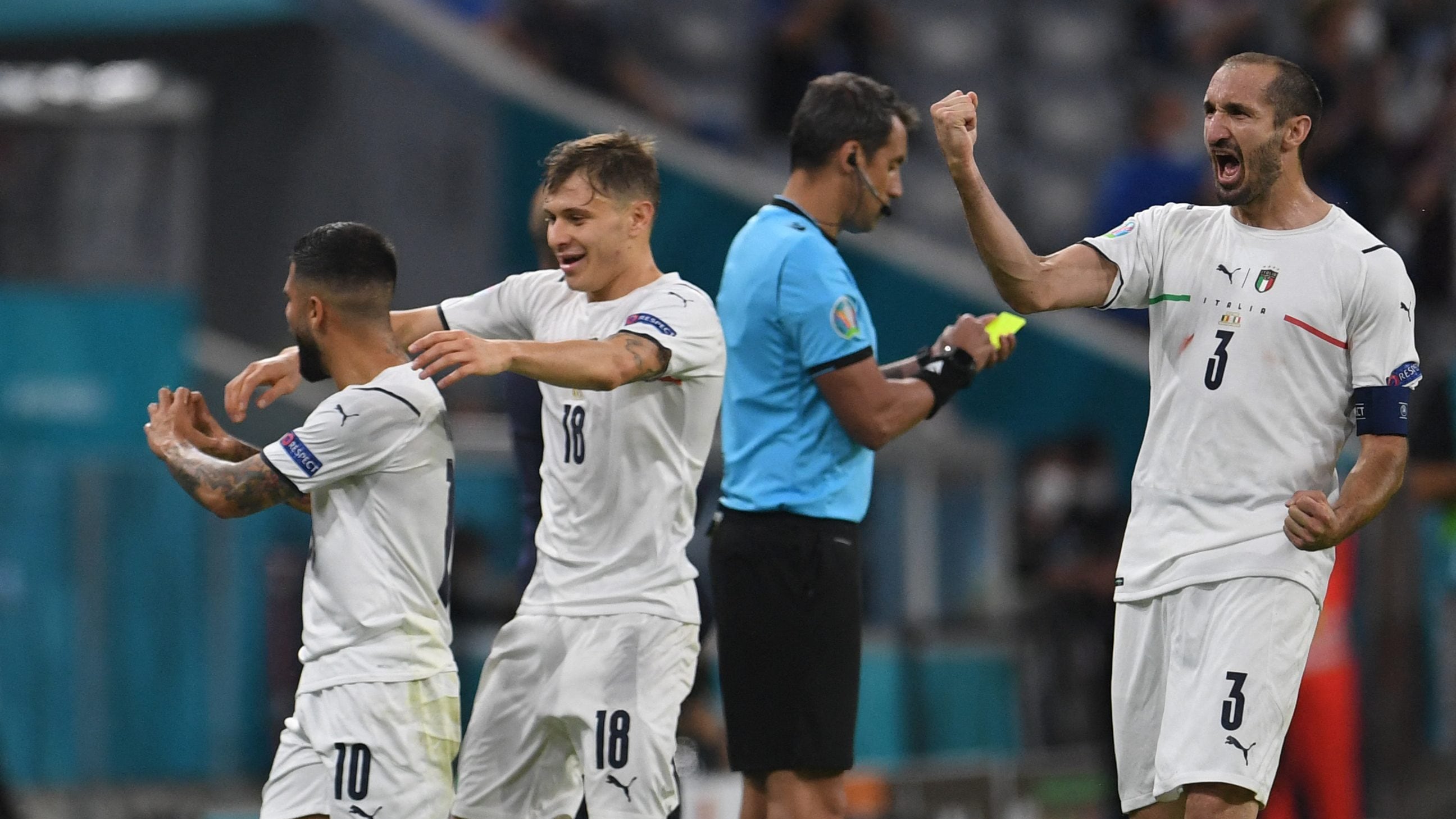 Italy's forward Lorenzo Insigne (L) celebrates scoring their second goal during the UEFA EURO 2020 quarter-final football match between Belgium and Italy at the Allianz Arena in Munich on July 2, 2021. (Photo by ANDREAS GEBERT / POOL / AFP) (Photo by ANDREAS GEBERT/POOL/AFP via Getty Images)