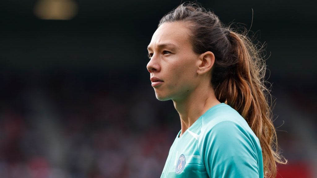 GUINGAMP, FRANCE - SEPTEMBER 21: Christiane Endler #16 of Paris Saint-Germain looks on during the Trophee des Championnes between Olympique Lyonnais and Paris Saint-Germain at Stade du Roudourou on September 21, 2019 in Guingamp, France. (Photo by Catherine Steenkeste/Getty Images)