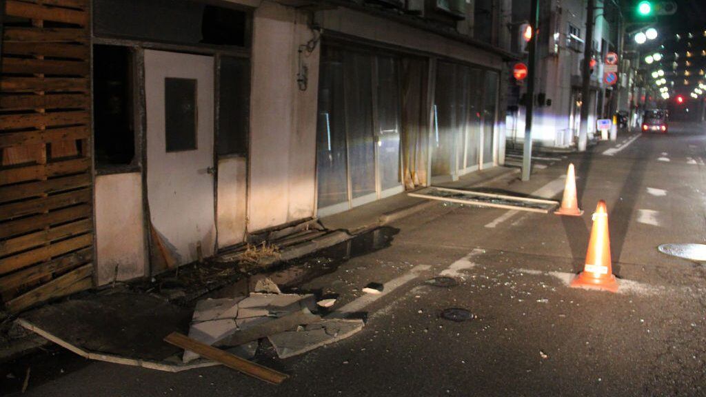 Damaged buildings are seen in Fukushima on February 13, 2021 after a strong 7.1-magnitude earthquake struck late off the eastern coast of Japan but no tsunami warning was issued, Japanese authorities said. (Photo by - / JIJI PRESS / AFP) / Japan OUT (Photo by -/JIJI PRESS/AFP via Getty Images)