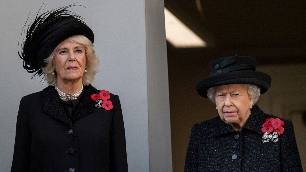 LONDON, ENGLAND - NOVEMBER 10: Queen Elizabeth II and Camilla, Duchess of Cornwall attend the annual Remembrance Sunday memorial at The Cenotaph on November 10, 2019 in London, England. (Photo by Mark Cuthbert/UK Press via Getty Images)