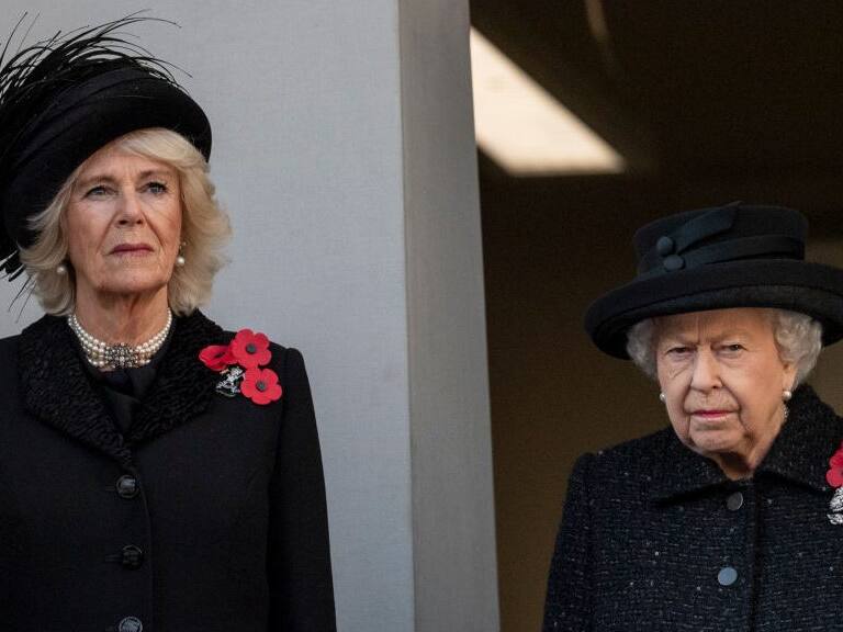 LONDON, ENGLAND - NOVEMBER 10: Queen Elizabeth II and Camilla, Duchess of Cornwall attend the annual Remembrance Sunday memorial at The Cenotaph on November 10, 2019 in London, England. (Photo by Mark Cuthbert/UK Press via Getty Images)