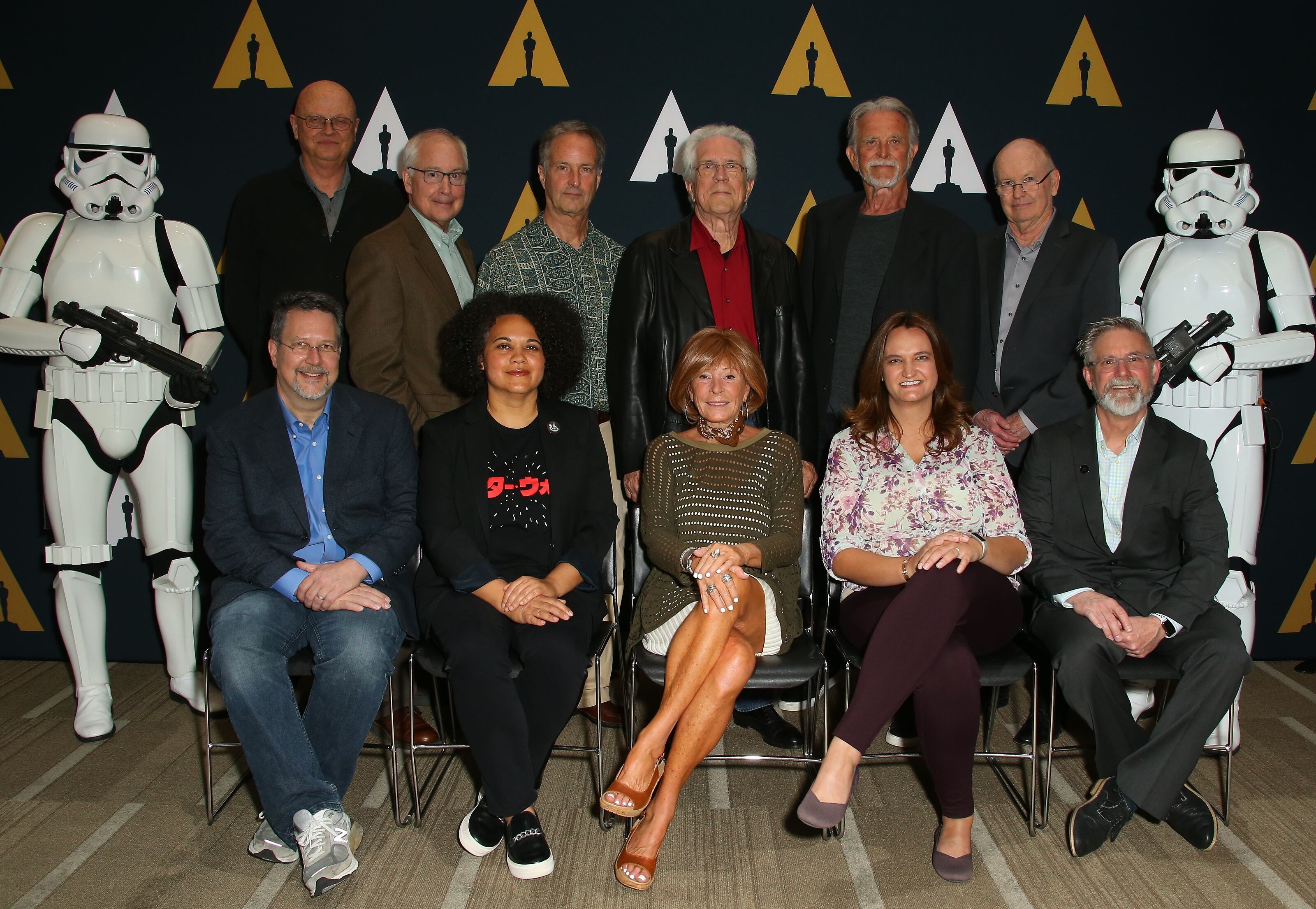BEVERLY HILLS, CALIFORNIA - JUNE 27: Dennis Muren, John Dykstra, Richard Edlund, Bruce Nicholson, Harrison Ellenshaw, Richard Edmund, Kiri Hart, Marcia Lucas and Bill George attend the Academy Of Motion Picture Arts And Sciences Hosts Galactic Innovations: Star Wars And Rogue One Photo Call at Samuel Goldwyn Theater on June 27, 2019 in Beverly Hills, California. (Photo by Jean Baptiste Lacroix/WireImage)