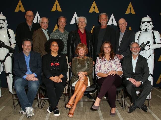 BEVERLY HILLS, CALIFORNIA - JUNE 27: Dennis Muren, John Dykstra, Richard Edlund, Bruce Nicholson, Harrison Ellenshaw, Richard Edmund, Kiri Hart, Marcia Lucas and Bill George attend the Academy Of Motion Picture Arts And Sciences Hosts Galactic Innovations: Star Wars And Rogue One Photo Call at Samuel Goldwyn Theater on June 27, 2019 in Beverly Hills, California. (Photo by Jean Baptiste Lacroix/WireImage)