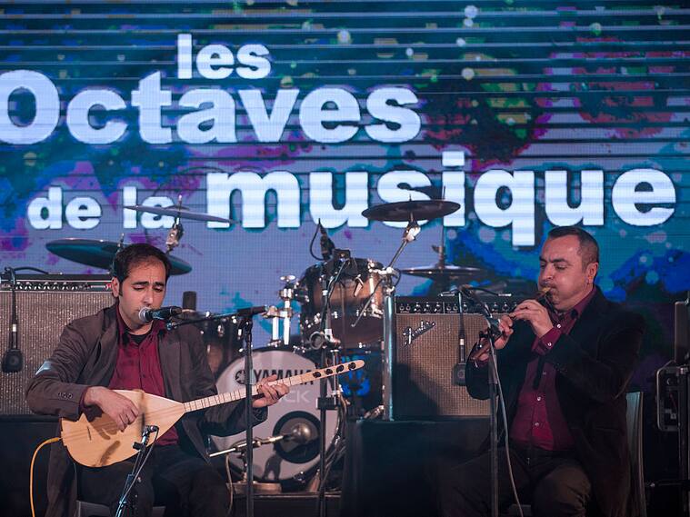 Armenian artist Vardan Hovanissian performs with Turkish-Belgian artist Emre Gultekin during the 13th edition of the "Les Octaves de la Musique" music awards ceremony at the Madelaine in Brussels on March 21, 2016. / AFP / BELGA / LAURIE DIEFFEMBACQ / Belgium OUT (Photo credit should read LAURIE DIEFFEMBACQ/AFP via Getty Images)