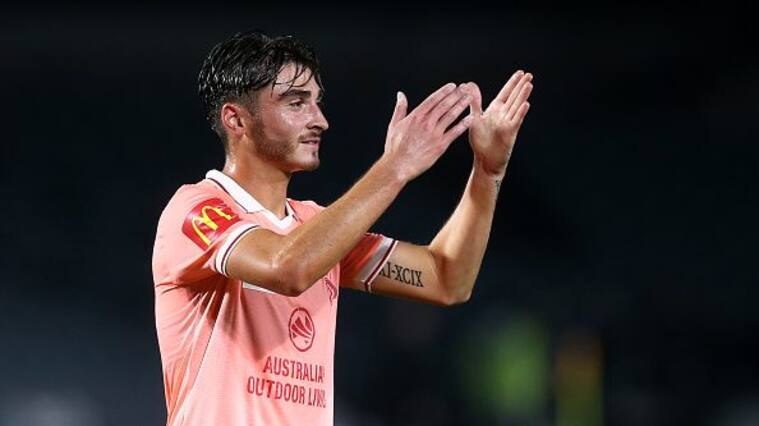 GOSFORD, AUSTRALIA - MARCH 26: Joshua Cavallo of United acknowledges fans following the A-League Mens match between Central Coast Mariners and Adelaide United at Central Coast Stadium on March 26, 2022 in Gosford, Australia. (Photo by Jason McCawley/Getty Images)