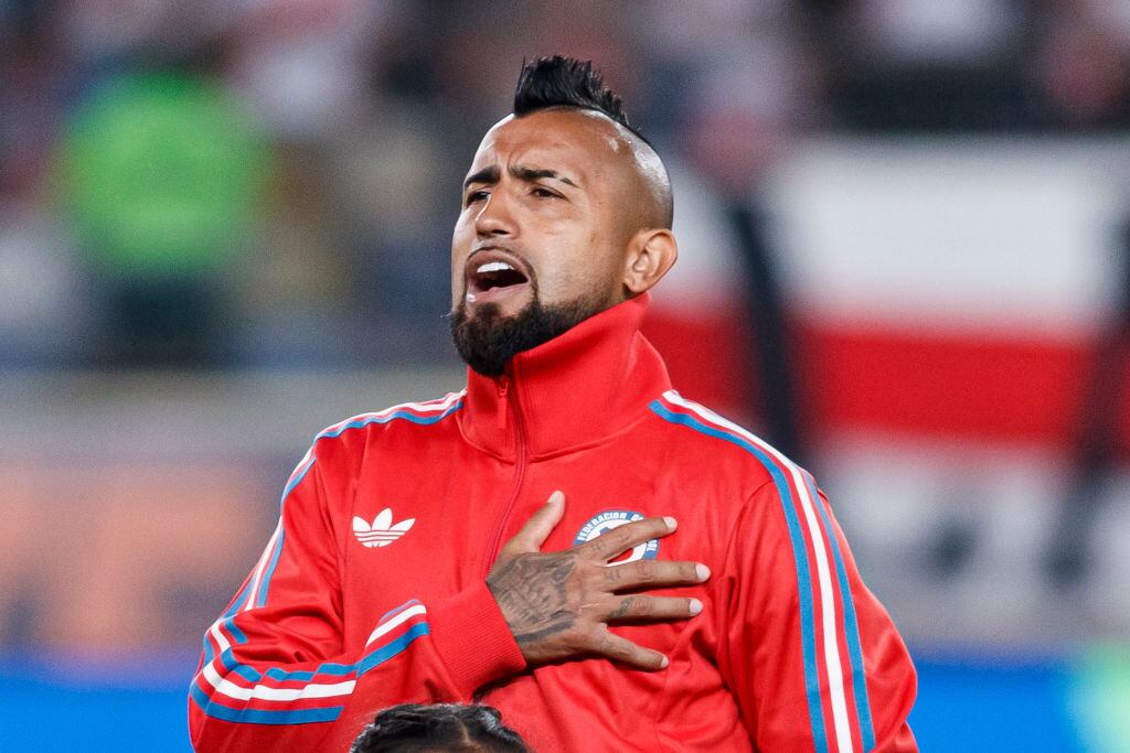 LIMA, PERU - NOVEMBER 14: Arturo Vidal of Chile sings the national anthem prior to the FIFA World Cup 2026 South American Qualifier match between Peru and Chile at Estadio Nacional de Lima on November 15, 2024 in Lima, Peru. (Photo by Martín Fonseca/Eurasia Sport Images/Getty Images)
