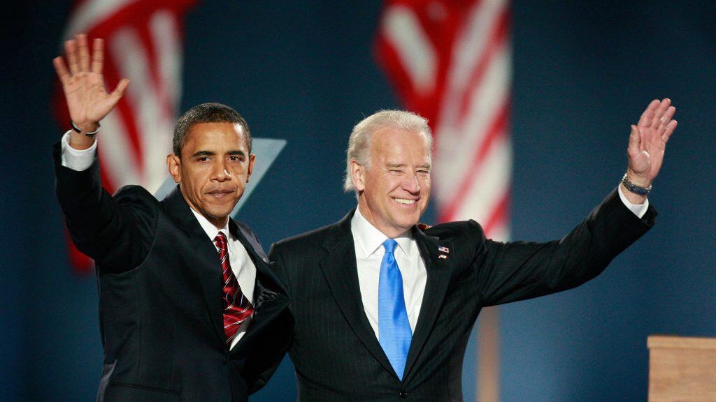 CHICAGO - NOVEMBER 04: U.S. President elect Barack Obama (L) and Vice-President elect Joe Biden wave to their supporters after Obama gave his victory speech during an election night gathering in Grant Park on November 4, 2008 in Chicago, Illinois. Obama defeated Republican nominee Sen. John McCain (R-AZ) by a wide margin in the election to become the first African-American U.S. President elect. (Photo by Scott Olson/Getty Images)