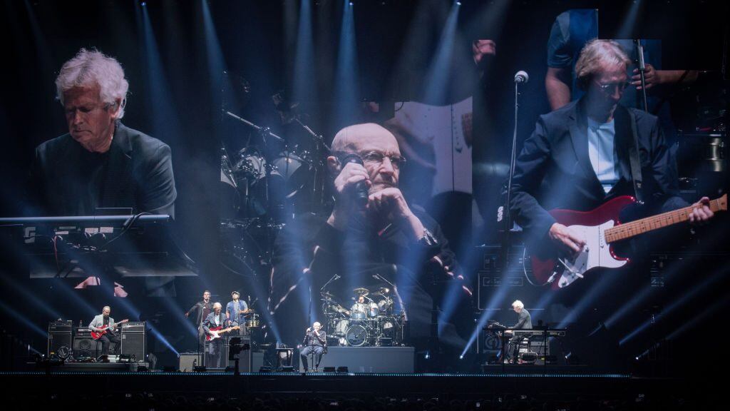 PARIS, FRANCE - MARCH 17: Phil Collins,Tony Banks, Mike Rutherford,Daryl Stuermer, and Nicholas Collins from Genesis perform at U Arena on March 17, 2022 in Nanterre, France. (Photo by David Wolff-Patrick/Redferns)