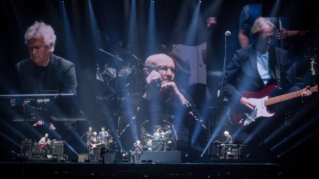 PARIS, FRANCE - MARCH 17: Phil Collins,Tony Banks, Mike Rutherford,Daryl Stuermer, and Nicholas Collins from Genesis perform at U Arena on March 17, 2022 in Nanterre, France. (Photo by David Wolff-Patrick/Redferns)