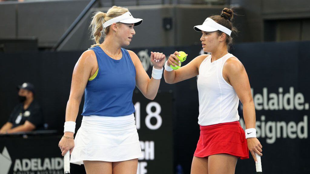 ADELAIDE, AUSTRALIA - FEBRUARY 27: Alexa Guarachi of Chile and Desirae Krawczyk of United States in their doubles final match with Hayley Carter of United States and Luisa Stefani of Brazil during their match with on day six of the Adelaide International tennis tournament at Memorial Drive on February 27, 2021 in Adelaide, Australia. (Photo by Peter Mundy/Speed Media/Icon Sportswire via Getty Images)