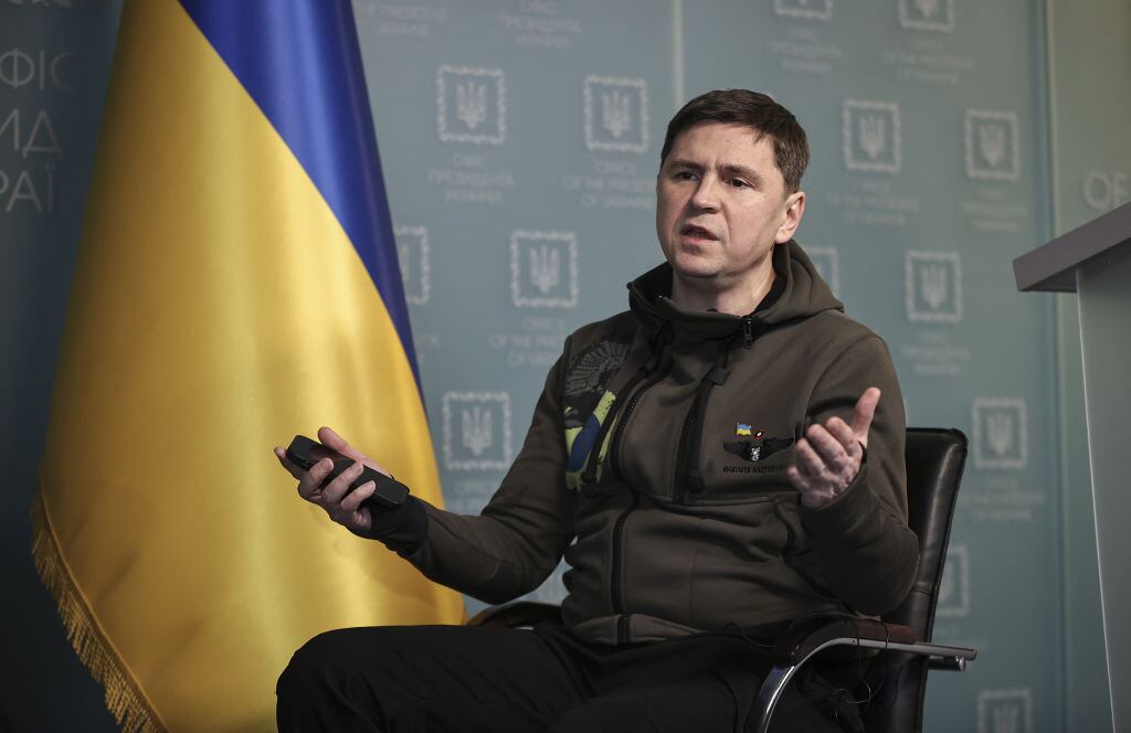 KYIV, UKRAINE - MARCH 09: Head of the Ukraine president's office, Mikhail Podolyak speaks during an interview on Russia-Ukraine crisis and negotiations between Kyiv and Moscow in Kyiv, Ukraine on March 09, 2022. (Photo by Emin Sansar/Anadolu Agency via Getty Images)