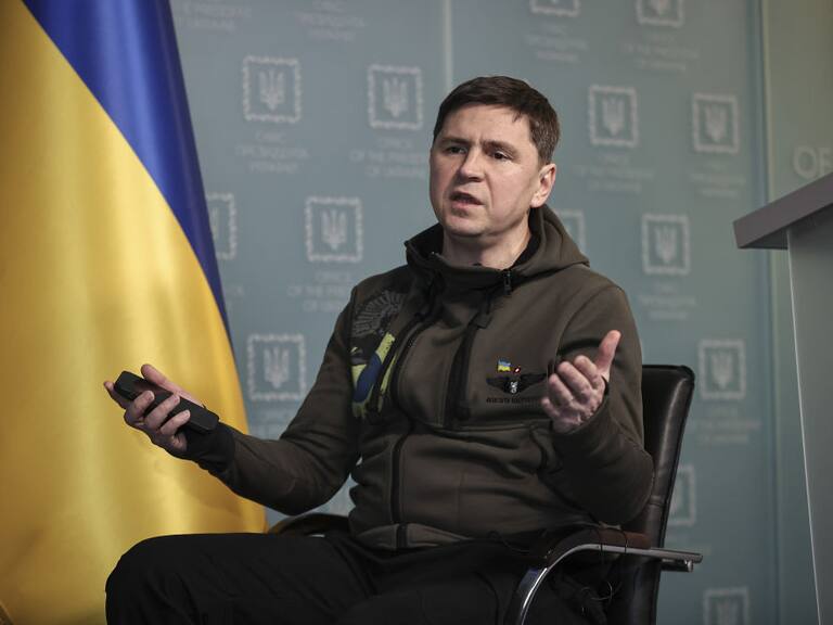 KYIV, UKRAINE - MARCH 09: Head of the Ukraine president's office, Mikhail Podolyak speaks during an interview on Russia-Ukraine crisis and negotiations between Kyiv and Moscow in Kyiv, Ukraine on March 09, 2022. (Photo by Emin Sansar/Anadolu Agency via Getty Images)