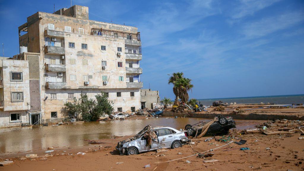 DERNA, LIBYA - SEPTEMBER 17: A view of devastation as search and rescue operation teams from various countries, especially Turkiye, continue their efforts after the floods caused by the Storm Daniel ravaged the region, in Derna, Libya on September 17, 2023. At least 11,300 people have been killed and thousands more are still missing following the floods caused by Mediterranean storm Daniel, according to the UN Humanitarian Office (OCHA); more than 40,000 people have been displaced across Libya's northeastern areas by the deadly floods, the UN office said. (Photo by Halil Fidan/Anadolu Agency via Getty Images)
