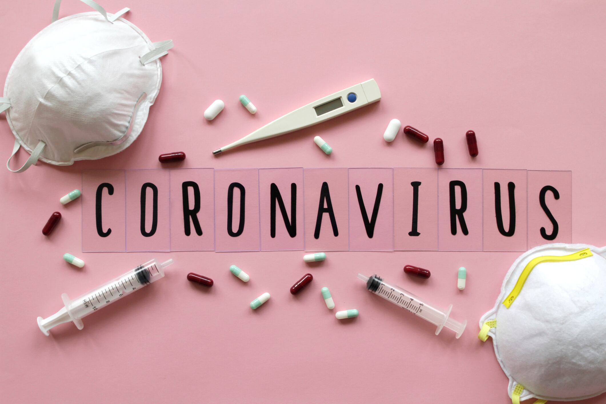Coronavirus, face mask, pills, thermometer and syringes