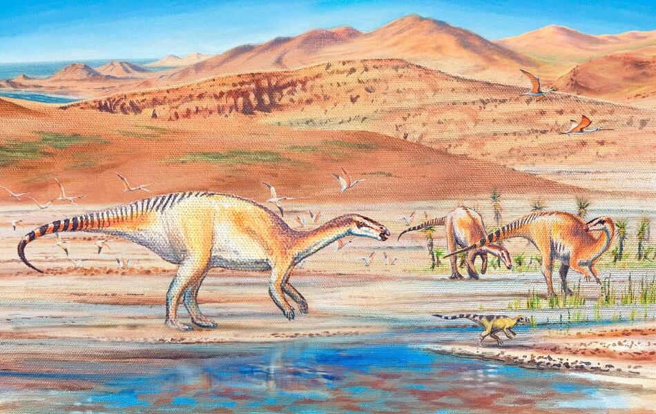 Ilustración del dinosaurio iguanodontiano en el Desierto de Atacama (autor: Mauricio Álvarez Abel) | Extraído de Uchile