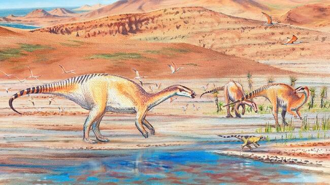 Ilustración del dinosaurio iguanodontiano en el Desierto de Atacama (autor: Mauricio Álvarez Abel) | Extraído de Uchile