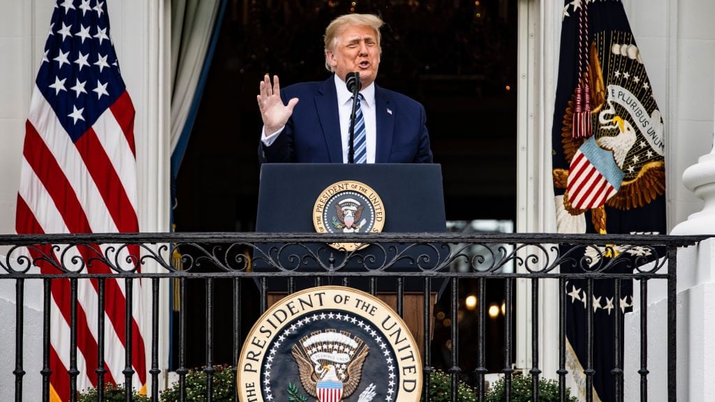 WASHINGTON, DC - OCTOBER 10: U.S. President Donald Trump addresses a rally in support of law and order on the South Lawn of the White House on October 10, 2020 in Washington, DC. PresidentTrump invited over two thousand guests to hear him speak just a week after he was hospitalized for COVID-19. (Photo by Samuel Corum/Getty Images)