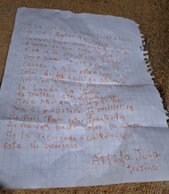 Carta extorsiva dejada en casa de Santiago Centro