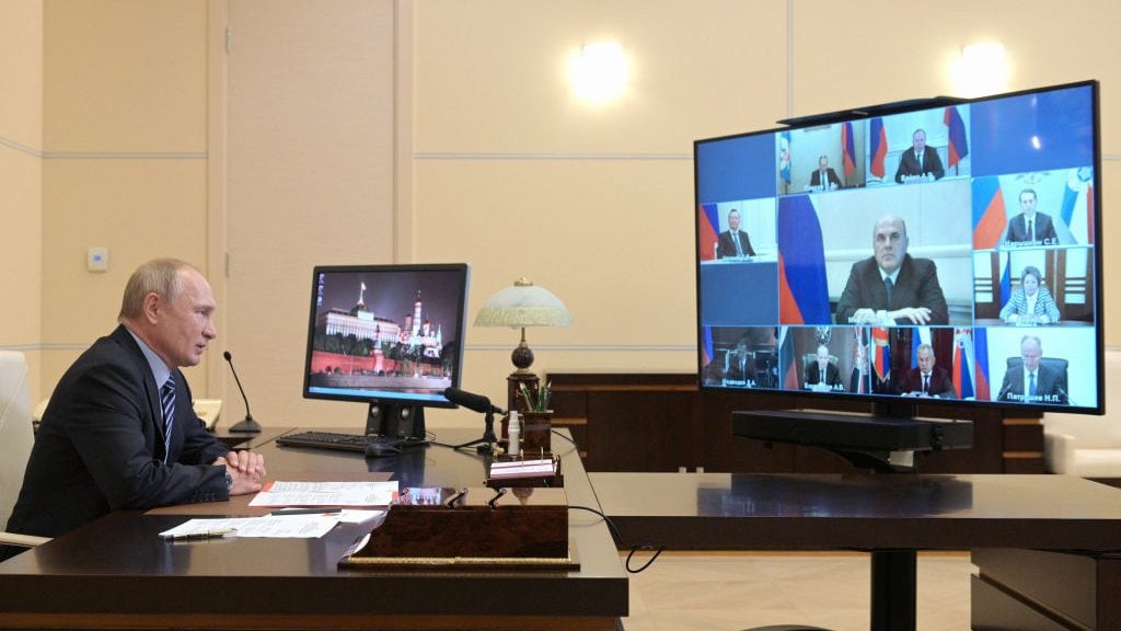 MOSCOW REGION, RUSSIA - JULY 24, 2020: Russia's President Vladimir Putin holds a meeting with permanent members of the Russian Security Council via video link from Novo-Ogarevo residence. Alexei Druzhinin/Russian Presidential Press and Information Office/TASS (Photo by Alexei DruzhininTASS via Getty Images)