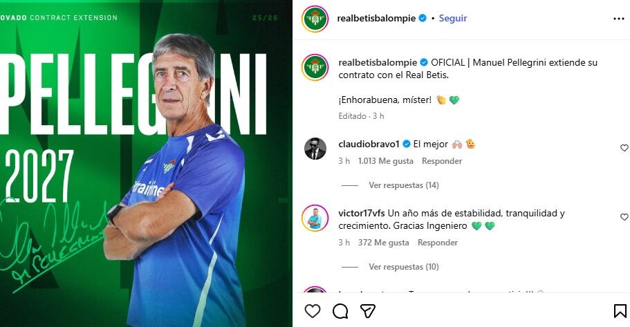 La reacción de Claudio Bravo por la renovación de Manuel Pellegrini en Real Betis