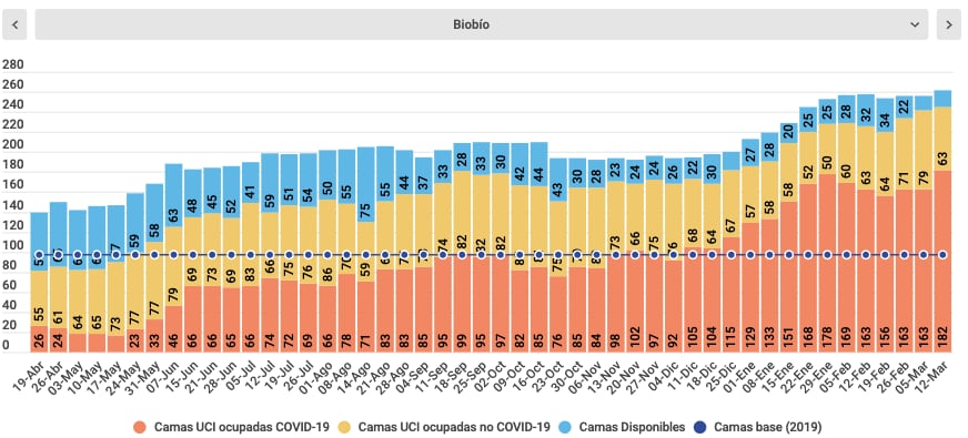 Camas UCI Biobío / Fuente: Minsal / Cifras hasta el 12 de marzo