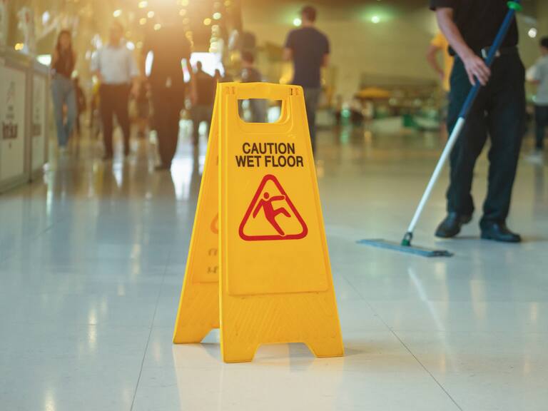 Yellow wet floor warning sign on the floor