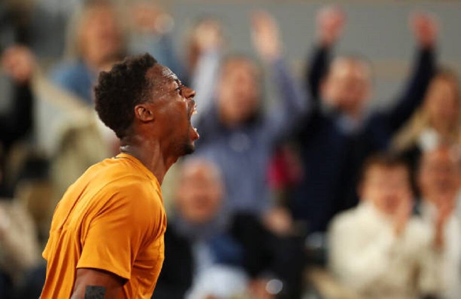 PARIS, FRANCE - MAY 30: Gael Monfils of France celebrates against Sebastian Baez of Argentina during their Men's Singles First Round Match on Day Three of the 2023 French Open at Roland Garros on May 30, 2023 in Paris, France. (Photo by Lewis Storey/Getty Images)
