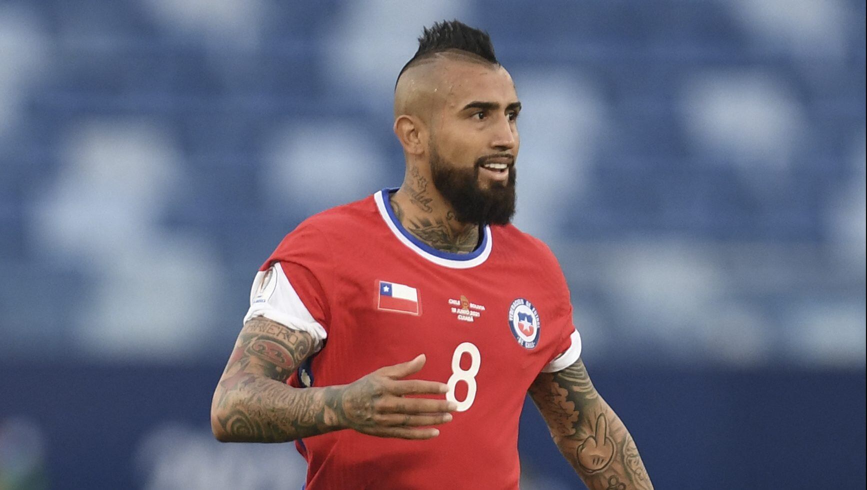 Chile's Arturo Vidal drives the ball during the Conmebol Copa America 2021 football tournament group phase match against Bolivia at the Pantanal Arena in Cuiaba, Brazil, on June 18, 2021. (Photo by Douglas MAGNO / AFP) (Photo by DOUGLAS MAGNO/AFP via Getty Images)