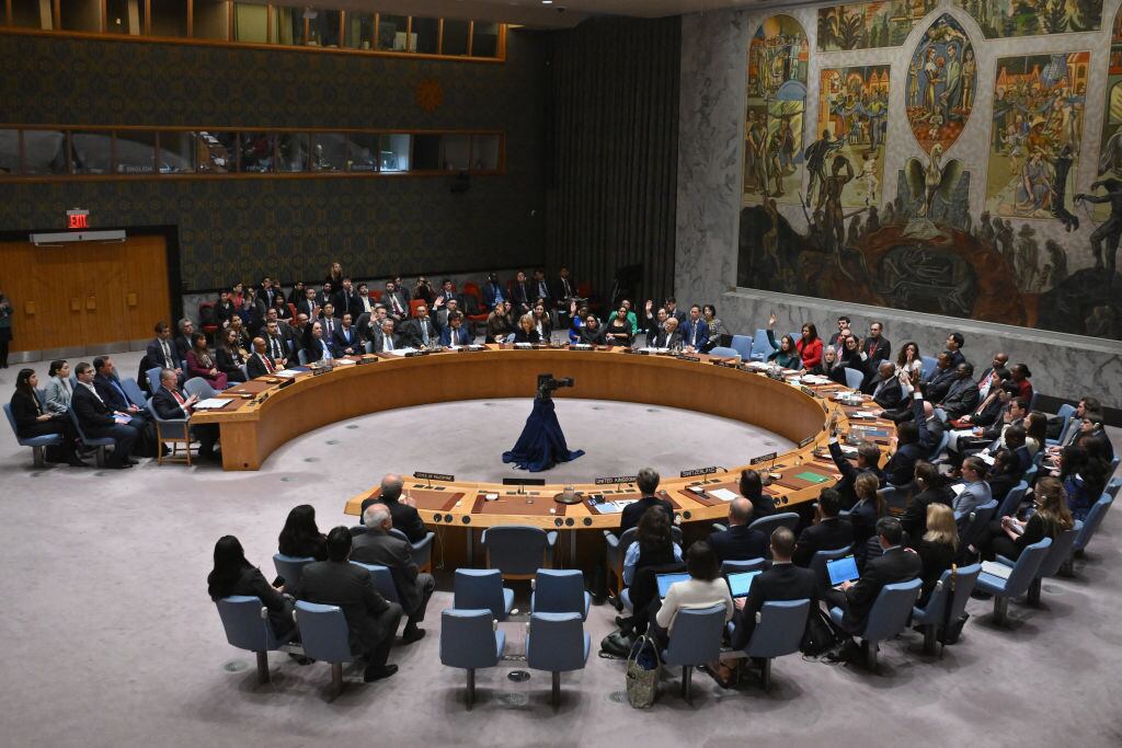 The UN Security Council votes on a resolution allowing Palestinian UN membership at United Nations headquarters in New York, on April 18, 2024, during a United Nations Security Council meeting on the situation in the Middle East, including the Palestinian question. (Photo by ANGELA WEISS / AFP) (Photo by ANGELA WEISS/AFP via Getty Images)