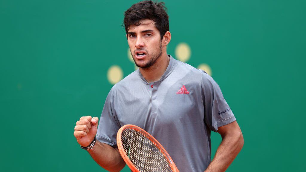 MONTE-CARLO, MONACO - APRIL 13: Cristian Garin of Chile celebrates winning a point in his mens singles match against Felix Auger-Aliassime of Canada during the first round on day three of the Rolex Monte-Carlo Masters at Monte-Carlo Country Club on April 13, 2021 in Monte-Carlo, Monaco. (Photo by Alexander Hassenstein/Getty Images)