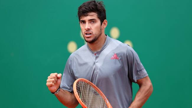 MONTE-CARLO, MONACO - APRIL 13: Cristian Garin of Chile celebrates winning a point in his mens singles match against Felix Auger-Aliassime of Canada during the first round on day three of the Rolex Monte-Carlo Masters at Monte-Carlo Country Club on April 13, 2021 in Monte-Carlo, Monaco. (Photo by Alexander Hassenstein/Getty Images)