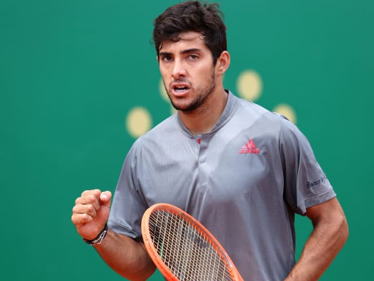 MONTE-CARLO, MONACO - APRIL 13: Cristian Garin of Chile celebrates winning a point in his mens singles match against Felix Auger-Aliassime of Canada during the first round on day three of the Rolex Monte-Carlo Masters at Monte-Carlo Country Club on April 13, 2021 in Monte-Carlo, Monaco. (Photo by Alexander Hassenstein/Getty Images)