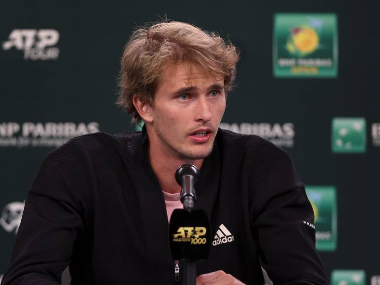 INDIAN WELLS, CALIFORNIA - MARCH 09: Alexander Zverev of Germany fields questions from the media during the BNP Paribas Open at the Indian Wells Tennis Garden on March 09, 2022 in Indian Wells, California. (Photo by Matthew Stockman/Getty Images)