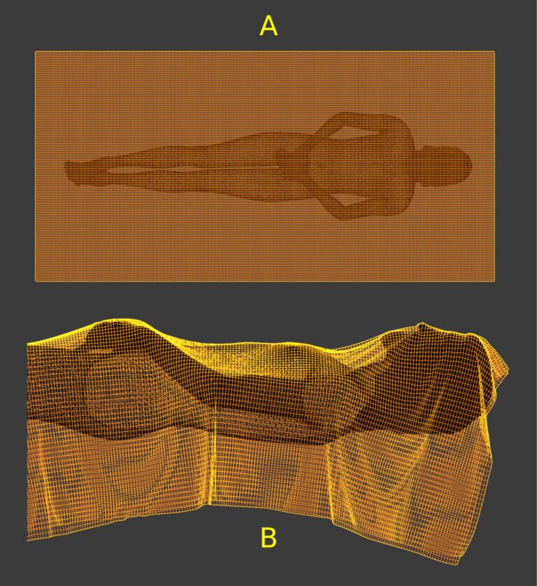 Simulación de la tela. A) Vista superior con la malla de tela colocada sobre el cuerpo. B) Vista lateral de la simulación de tela colocada sobre el cuerpo. (Moraes, Arqueometría , 2025)