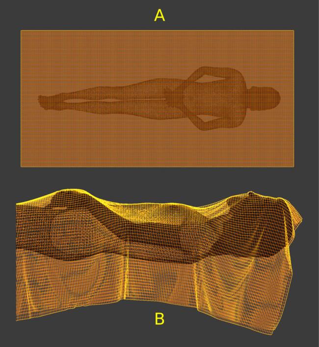 Simulación de la tela. A) Vista superior con la malla de tela colocada sobre el cuerpo. B) Vista lateral de la simulación de tela colocada sobre el cuerpo. (Moraes, Arqueometría , 2025)