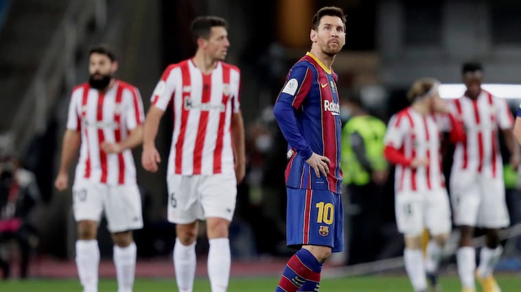 `SER, SPAIN - JANUARY 17: Lionel Messi of FC Barcelona during the Spanish Super Cup match between FC Barcelona v Athletic de Bilbao at the La Cartuja Stadium on January 17, 2021 in `ser Spain (Photo by David S. Bustamante/Soccrates/Getty Images)