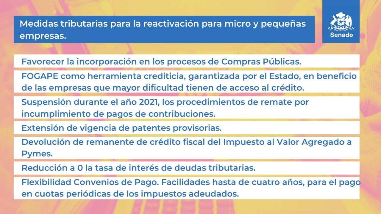 Proyecto de nuevas medidas tributarias para las Pymes / Senado