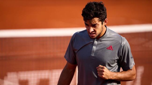 BARCELONA, SPAIN - APRIL 21: Cristian Garin of Chile celebrates in his second round match against Kei Nishikori of Japan during day three of the Barcelona Open Banc Sabadell 2021 on April 21, 2021 in Barcelona, Spain. (Photo by Alex Caparros/Getty Images)