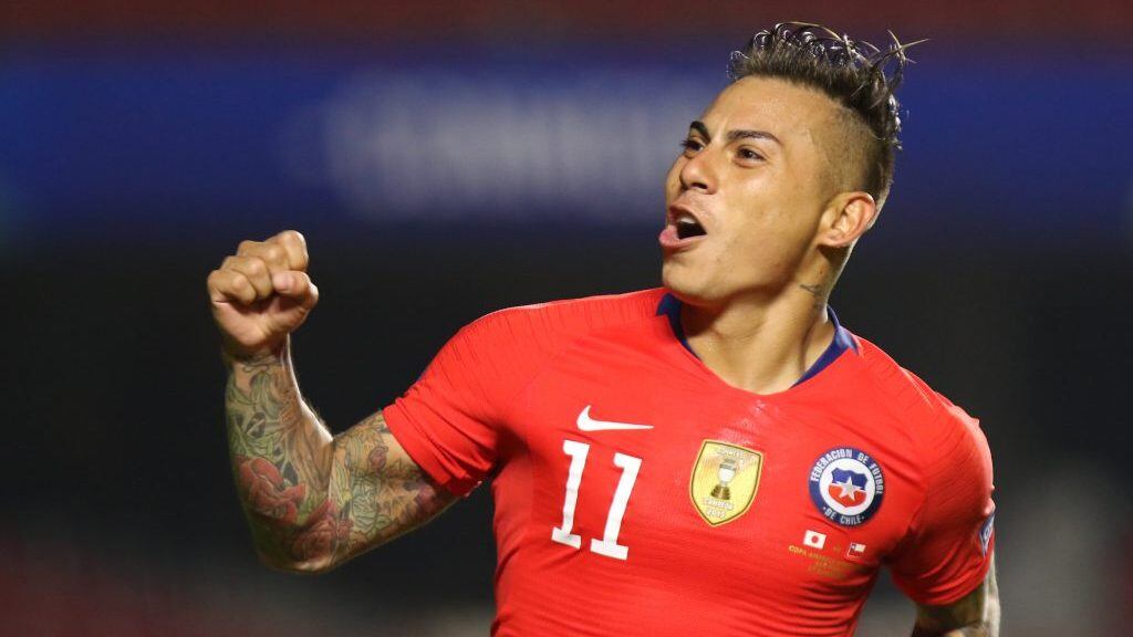17 de junio del 2019/SAO PAULO Eduardo Vargas, celebra el 4 a 0, durante el partido inaugural de Chile en la Copa America 2019, se enfrenta a la selección de Japón, disputado en el Estadio Morumbi.
FOTO: RODRIGO SAENZ/AGENCIAUNO