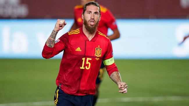 SEVILLE, SPAIN - SEPTEMBER 6: Sergio Ramos of Spain celebrates goal 2-0 during the UEFA Nations league match between Spain v Ukraine at the Alfredo Di Stefano Stadium on September 6, 2020 in Seville Spain (Photo by David S. Bustamante/Soccrates/Getty Images)