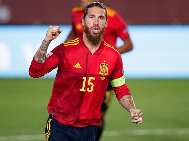 SEVILLE, SPAIN - SEPTEMBER 6: Sergio Ramos of Spain celebrates goal 2-0 during the  UEFA Nations league match between Spain  v Ukraine  at the Alfredo Di Stefano Stadium on September 6, 2020 in Seville Spain (Photo by David S. Bustamante/Soccrates/Getty Images)
