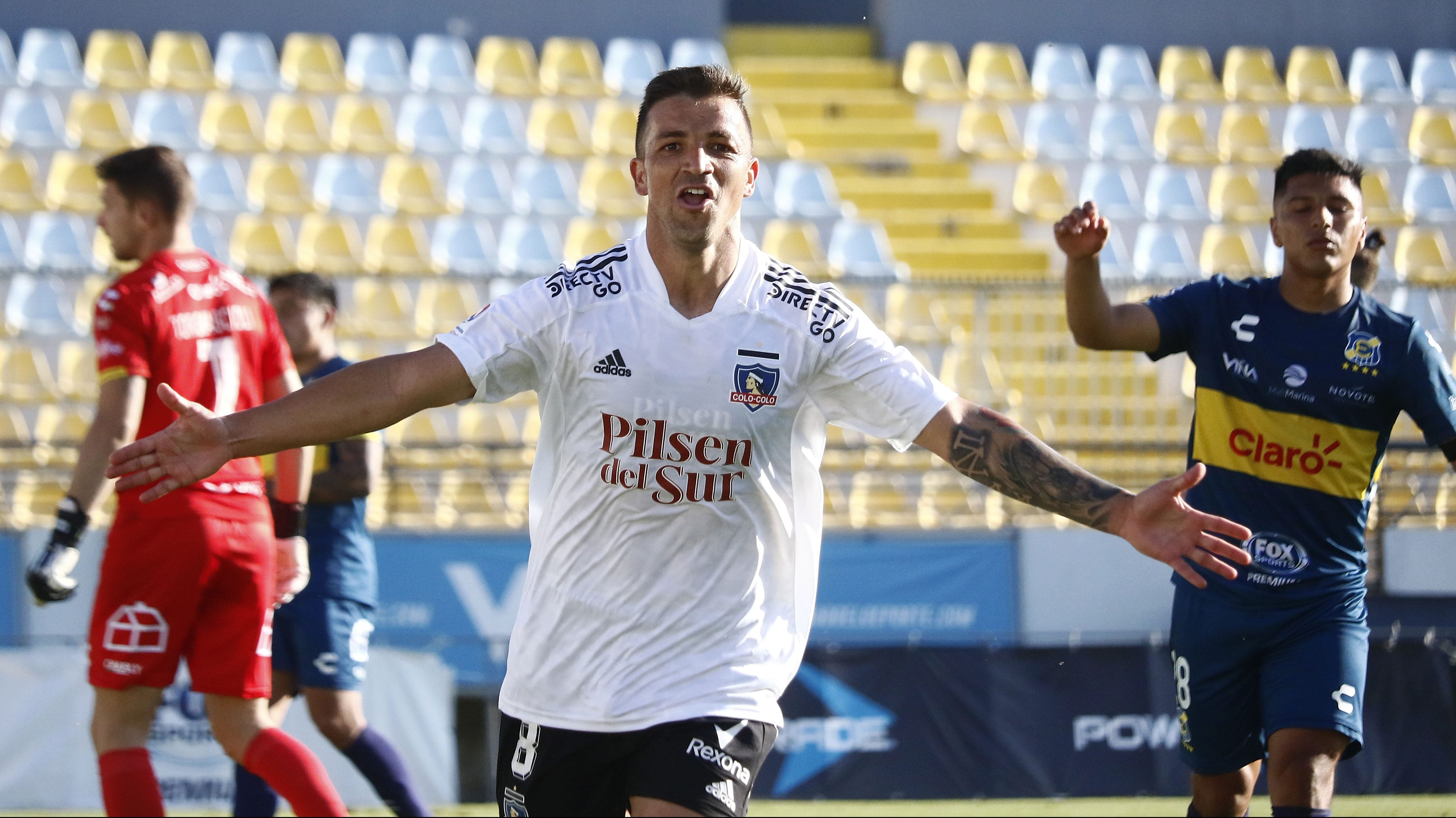18 DE ABRIL DE 2021/VIÑA DEL MARGabriel Costa en festejo de su gol y el 0-2, durante el partido valido por la fecha 4 del Campeonato Nacional AFP PlanVital 2021, entre Everton y Colo Colo, disputado en el Estadio Sausalito.
FOTO: LEONARDO RUBILAR CHANDIA/AGENCIAUNO
