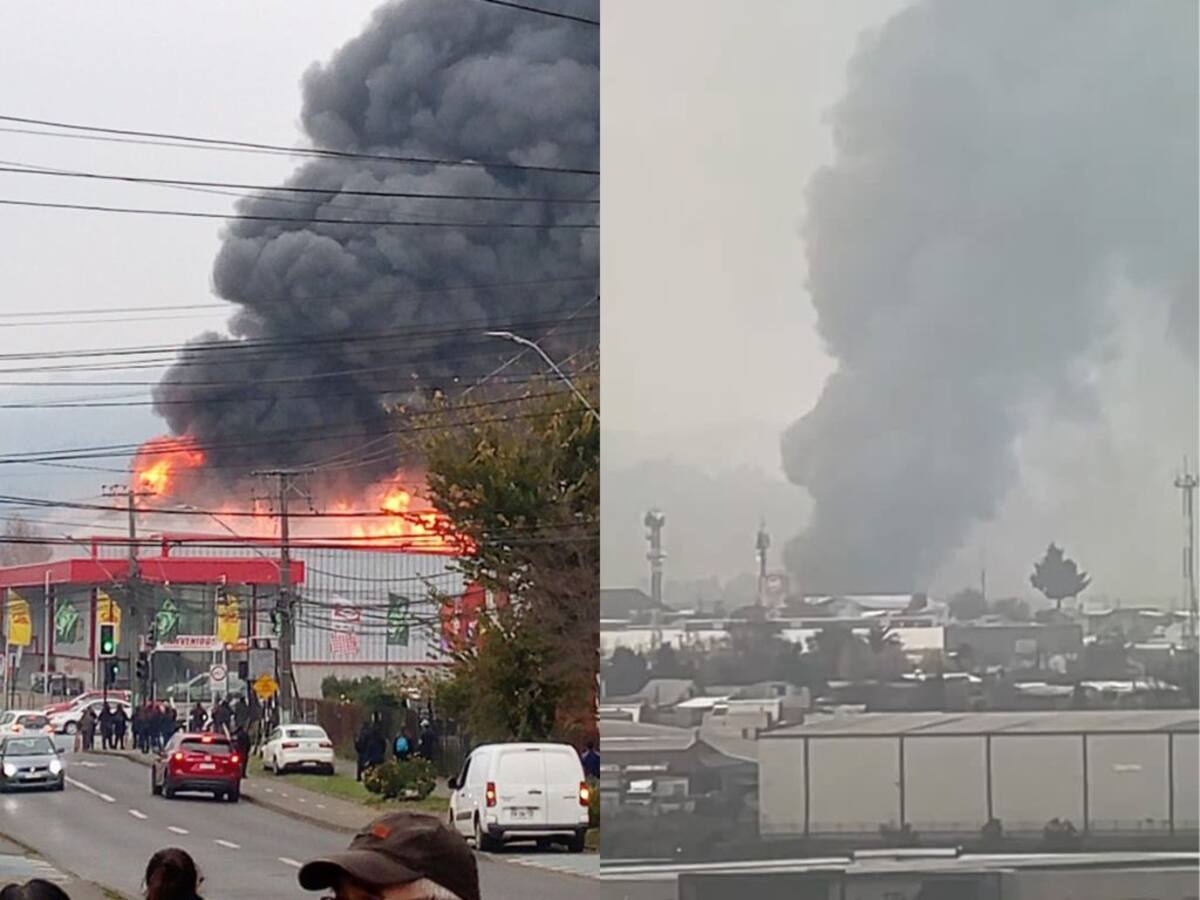 Voraz incendio en supermercado de Padre Las Casas genera enorme columna de humo visible desde Temuco