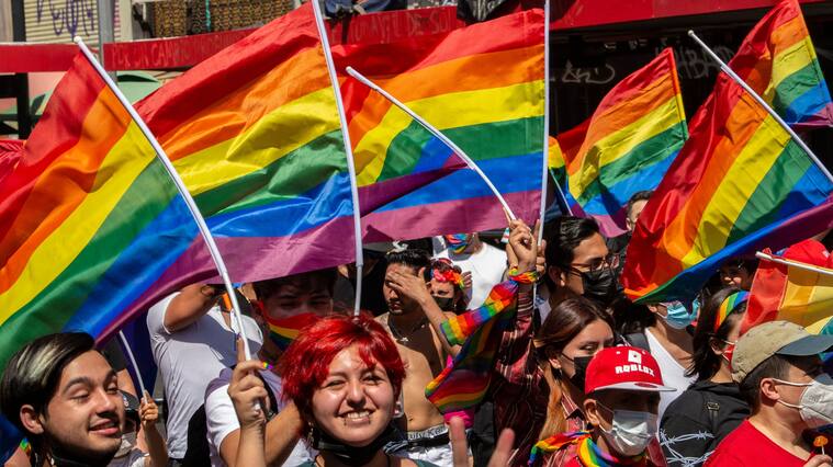 Revelers take part in the Pride Parade in Santiago, on November 13, 2021. (Photo by MARTIN BERNETTI / AFP) (Photo by MARTIN BERNETTI/AFP via Getty Images)
